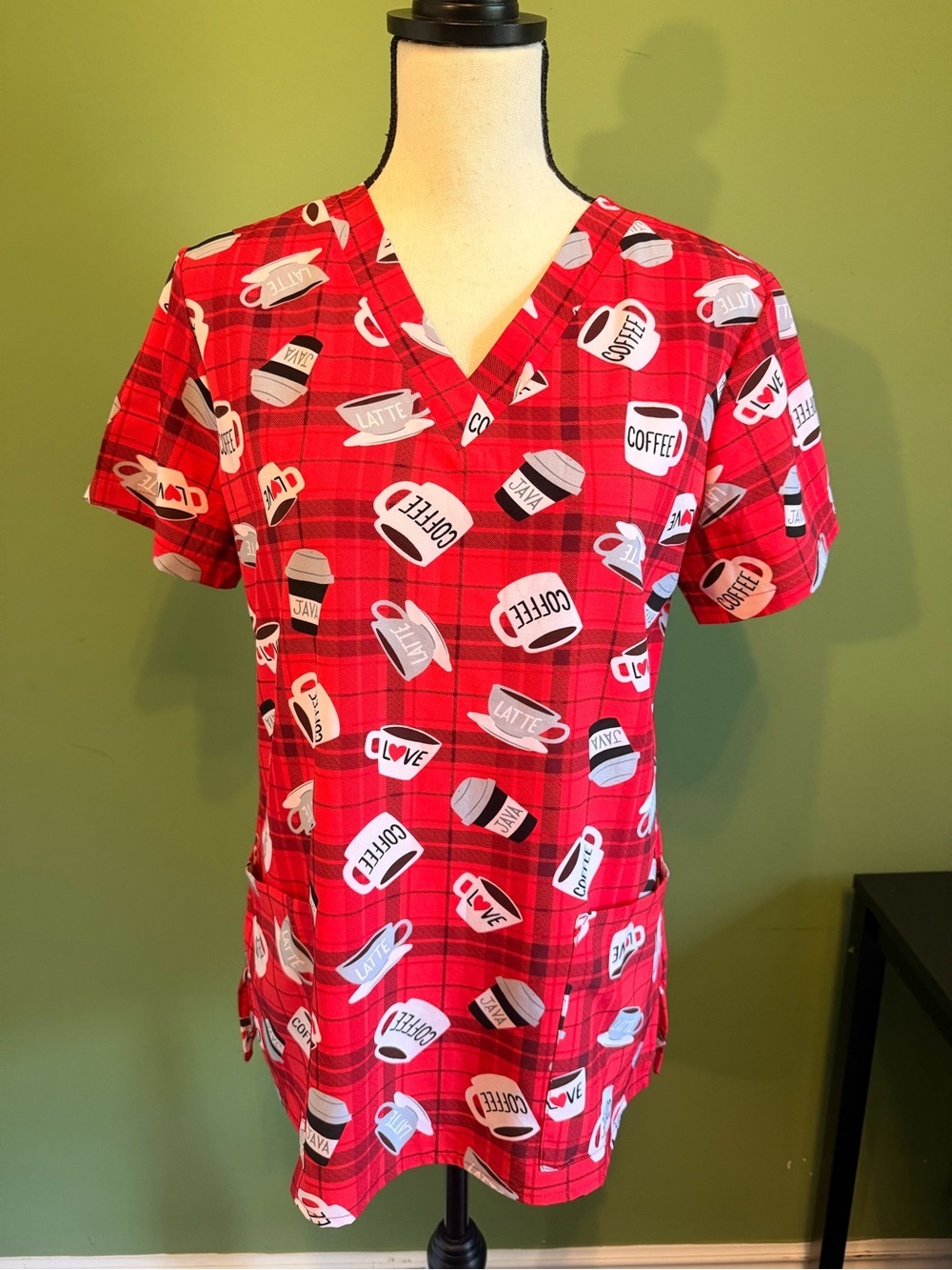 Lee Red Plaid Coffee Print Scrub Top